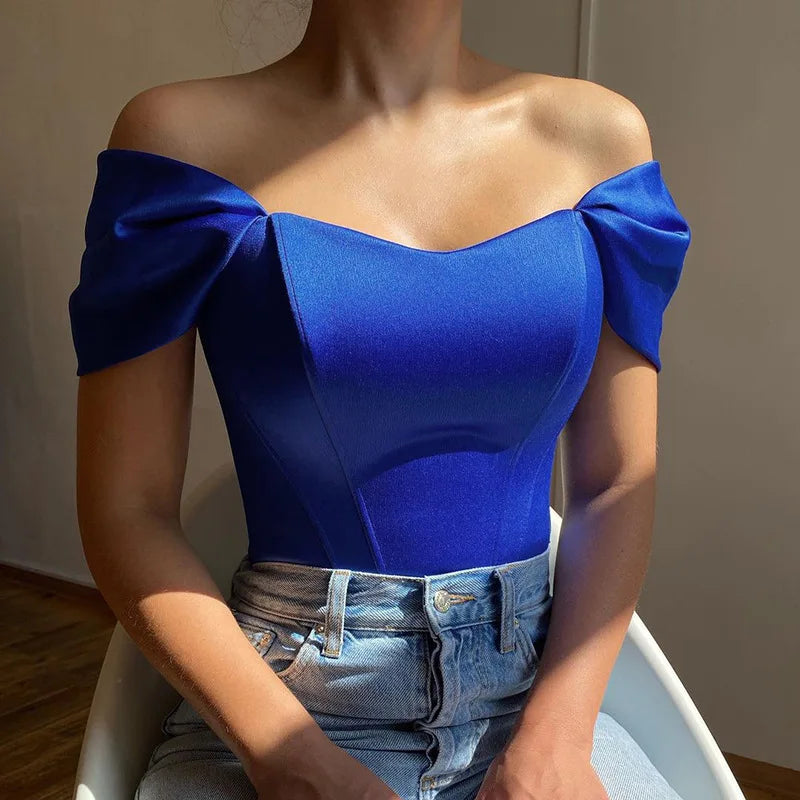 Cryptographic Off Shoulder Satin Sexy Backless Bustier Corset Crop Tops Women Sleeveless Summer Top Cropped Club Fashion Outfits