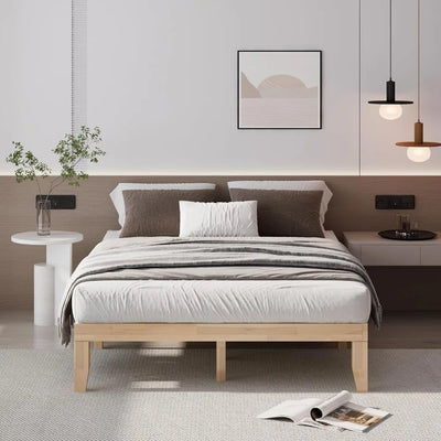 14 Inch Wood Platform Bed Frame,Minimalist Mattress Foundation with Solid Rubber Wood,Heavy Duty Slat Support, Without Headboard
