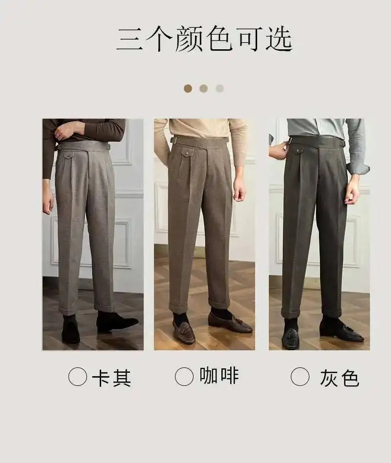 2023 Autumn Winter Men's Warm Retro Straight Trouser Male Casual British High Waist Pants Office-trousers Dress Pant Trousers
