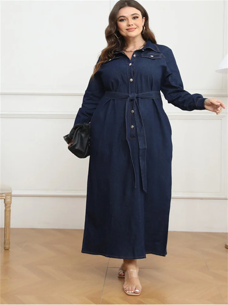 Wmstar Plus Size Denim Dresses for Women Button Solid Long Fashion Elegant Maxi Dress Fall Winter Clothes Wholesale Dropshipping