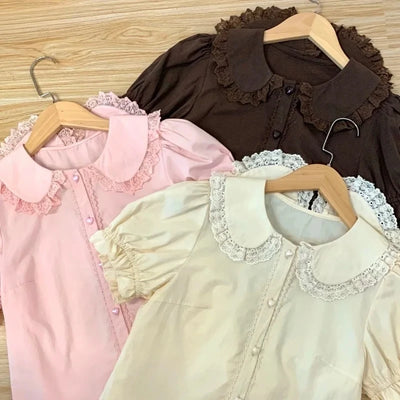 Puff Short Sleeve Lace Ruffles Blouse