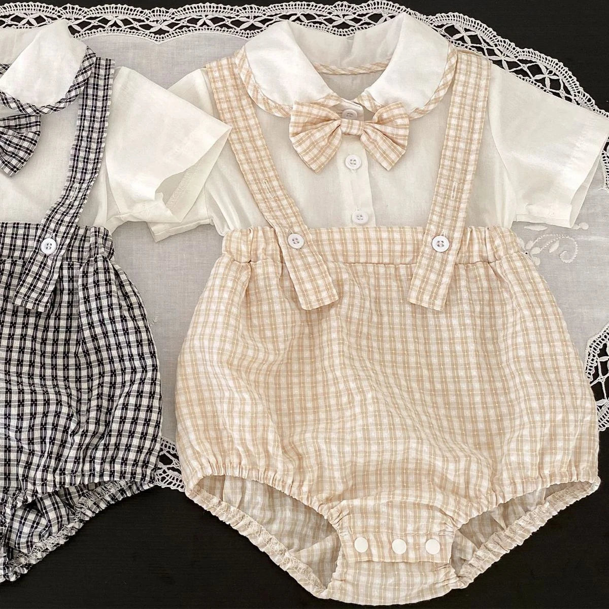 Instagram summer baby jumpsuit, male and female baby doll collar, plaid fake two-piece triangular jumpsuit, crawling