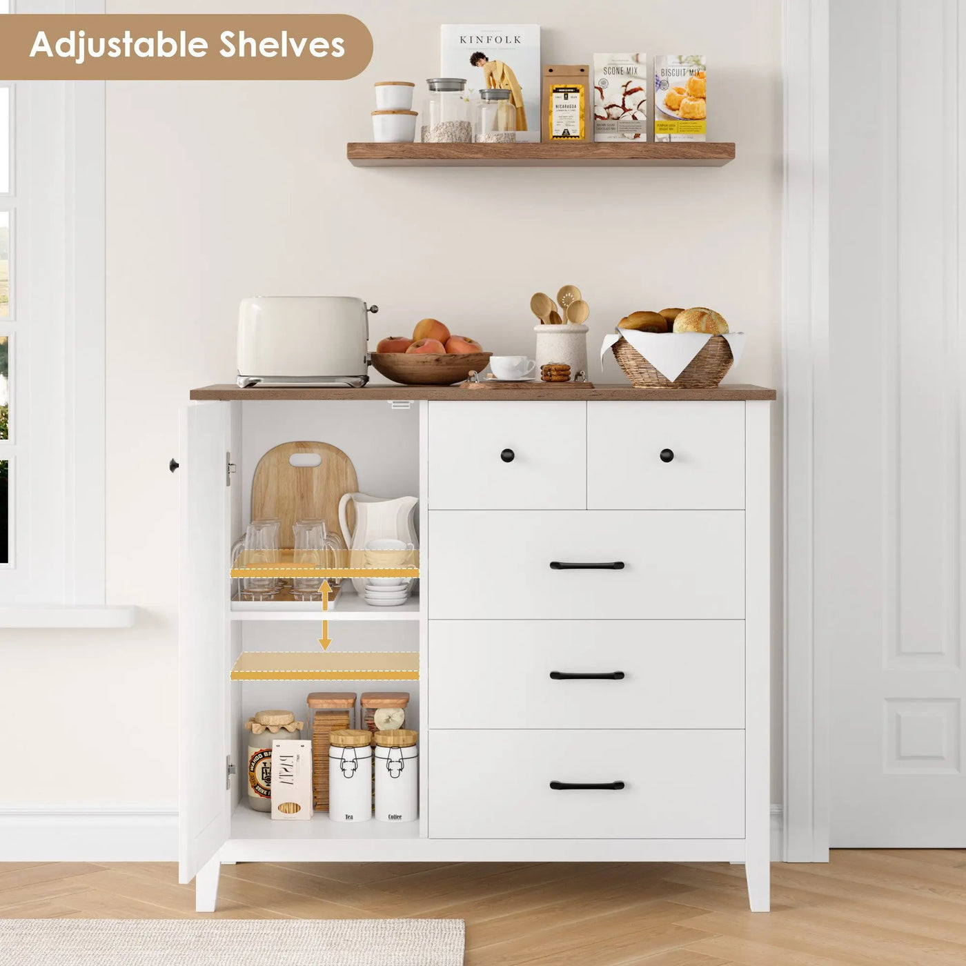 Sideboard, kitchen wardrobe with 5 drawers and 1 door, buffet wardrobe with work plate for kitchen, dining room, living room, hallway