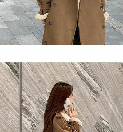 2024 Autumn Winter New Medium Long Double-breasted Lambswool Suede Woolen Coat Women Add Velvet Padded Warm Fur One Woolen Coats