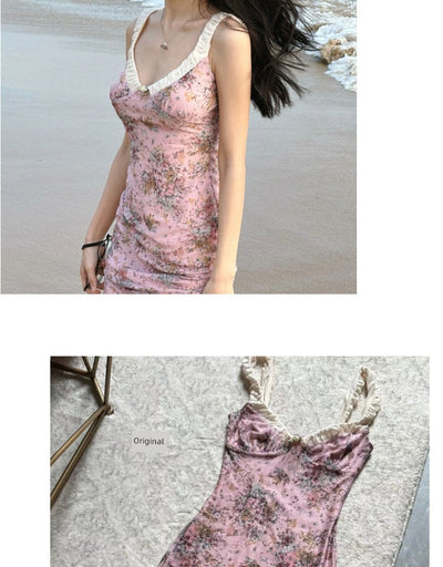 French Floral Strap Dress Women's Summer Tight Waist Long Skirt Beach Skirt Seaside Vacation Skirt