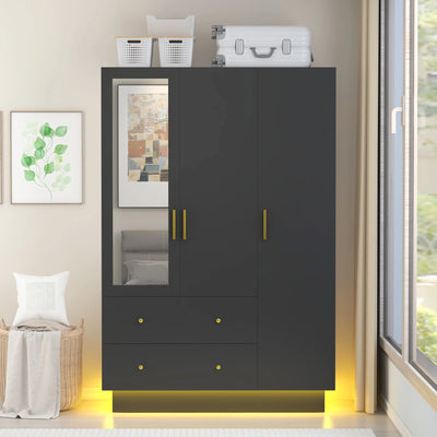 Modern Wooden Armoire Wardrobe Closet with Hanging Rod for Bedroom, 3 Door Wardrobe Closet with Mirror & LED Lights,White