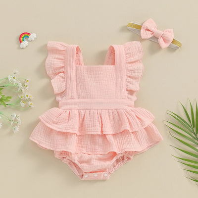Citgeett Summer Infant Baby Girls Bodysuit Dress Solid Color Fly Sleeve Skirt Hem Jumpsuit Clothes Headband