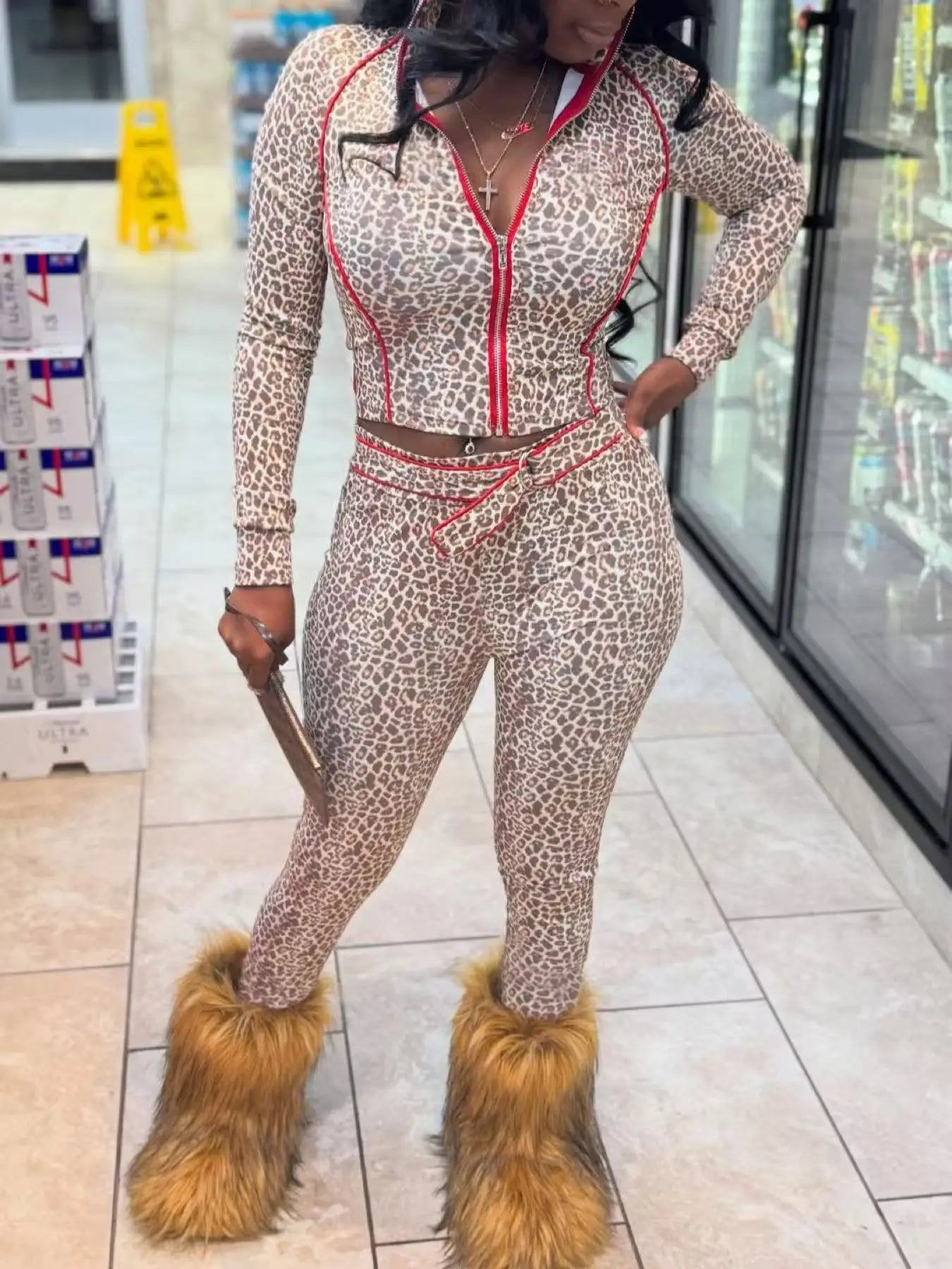 Weird Puss Leopard Print 2 Piece Set Women Tracksuit Casual Crop Jacket+Metal Sash Leggings Street Matching Club Stretch Outfits