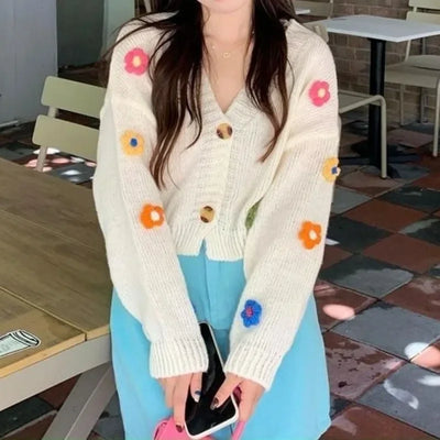 PTKPCC New Autumn Colourful Applique Flower Cardigan for Women Cute Long  V-neck Knit Crop Sweater Girl Soft Knitwear