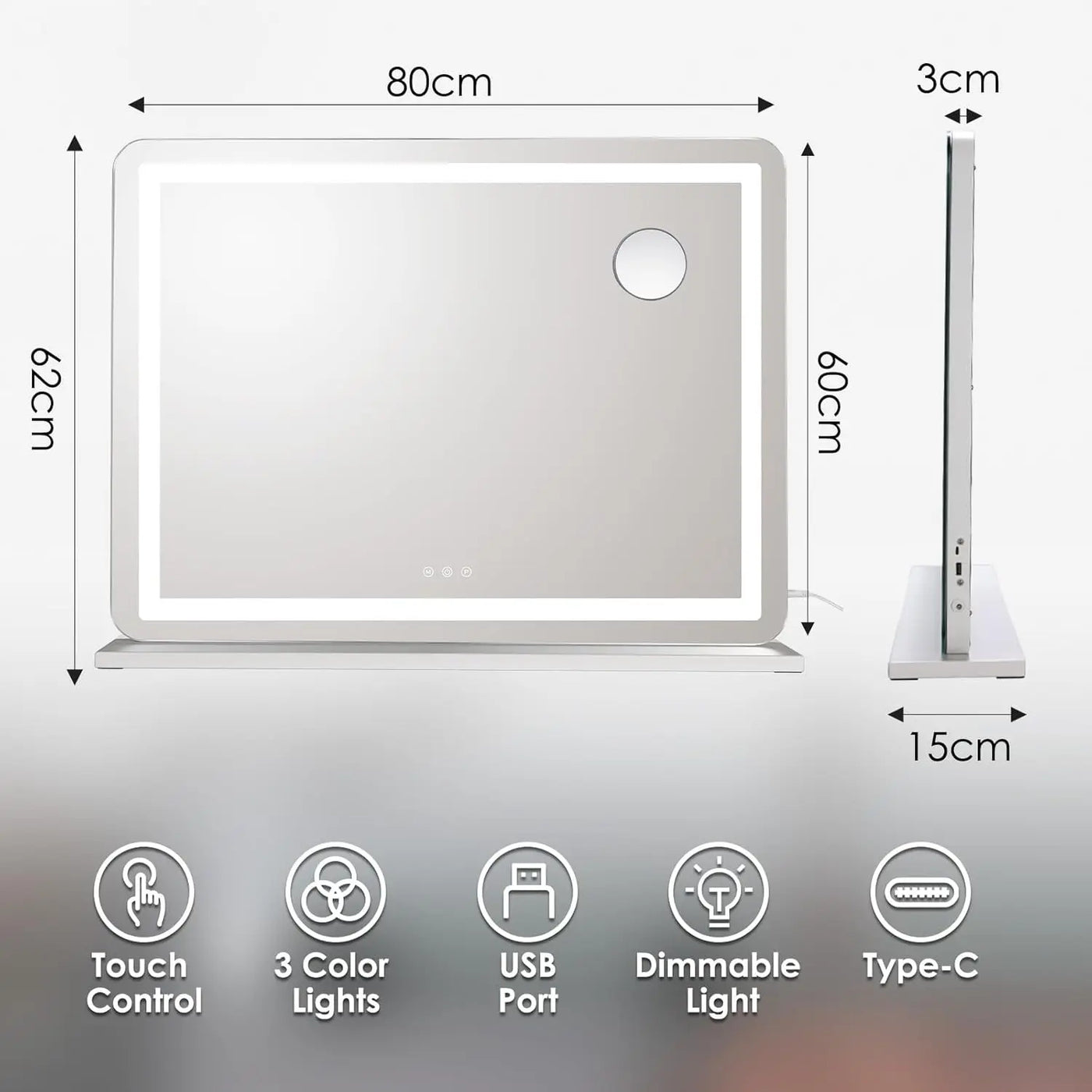 Vanity Mirror w/ Lights 80cm/60cm/50cm Makeup Mirror LED Lights,Touch Screen, 3-Color Lighting,Dimmable,for Vanity Desk Tabletop