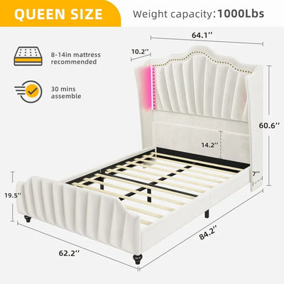 Queen Size Platform Bed Frame with 60" Tall Wingback Headboard and Footboard, Velvet Upholstered Bed with LED Light,Bed Frame