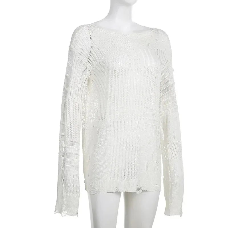 Women's Vintage Gothic Hollow Knit Sweater with Ripped Holes Grunge Y2K Style Thin Long Sleeve Loose Fit Summer Top in Black