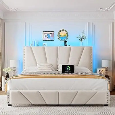 King Size Bed Frame with Velvet Headboard and LED Lights， Storage Headboard Platform Bed with Charging Station, Sturdy W