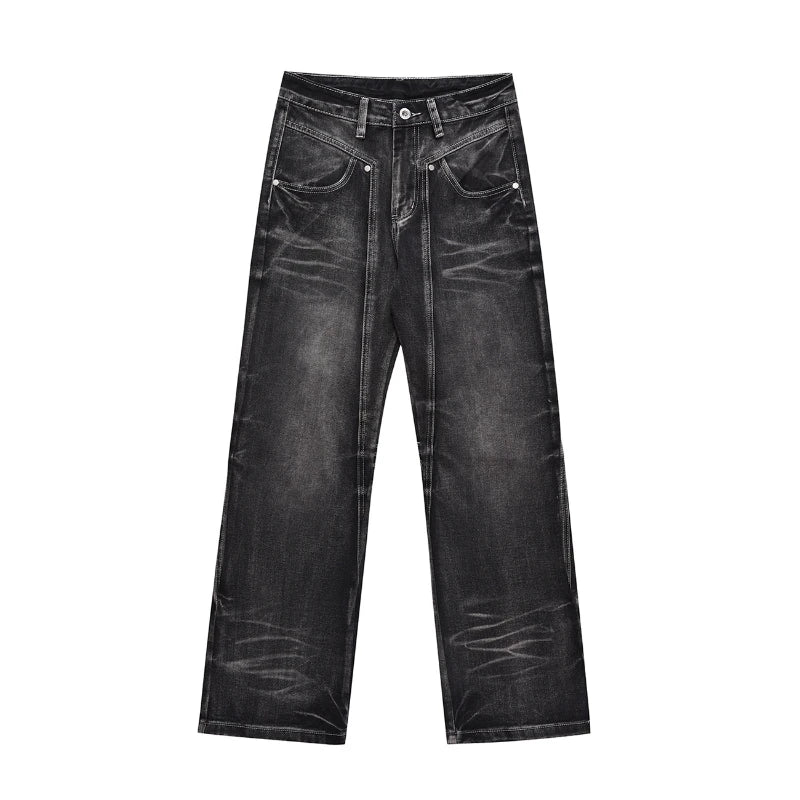 Men Flare Pants Denim Pant Floor Length Jeans Casual Regular Pockets Button Zipper High Waist Autumn Splice Straight Trousers