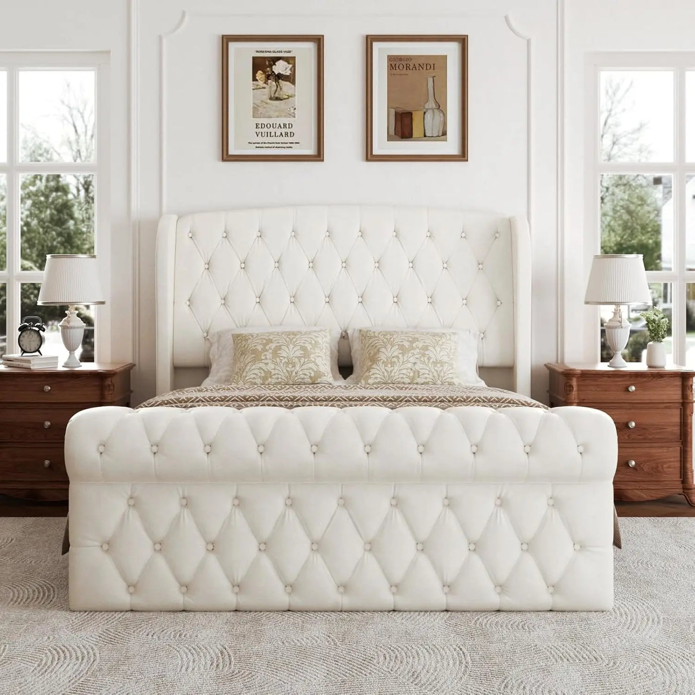 Platform Bed Frame, Chenille Upholstered Sleigh Bed with Scroll Wingback Headboard & Footboard, 52" Tall Headboard