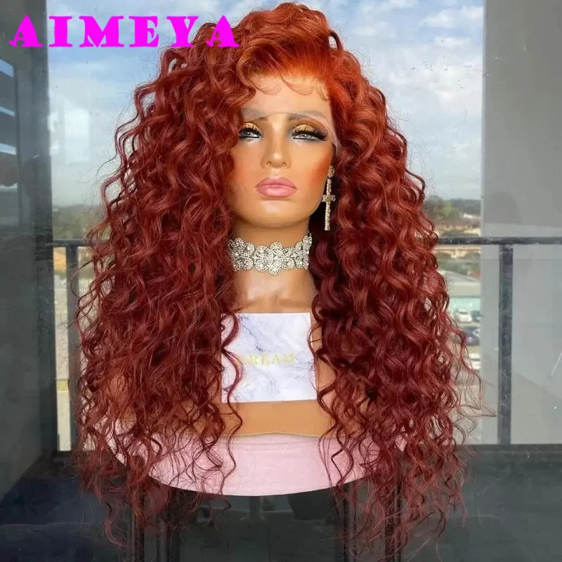 Copper Red Curly Wig Long Deep Wave Synthetic Lace Front Wig for Women 13x4 Natural Hairline Daily Use Cosplay Wig Glueless