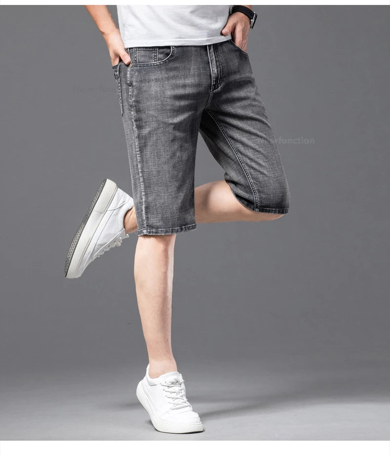 Fashion Men's Straight Denim Shorts Summer Thin Elastic Casual Bermuda Jeans Breathable Fabric Male Clothes Boardshorts