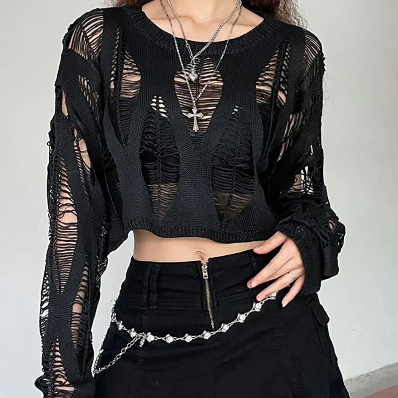 Hollow Ripped Long Sleeve Crop Top