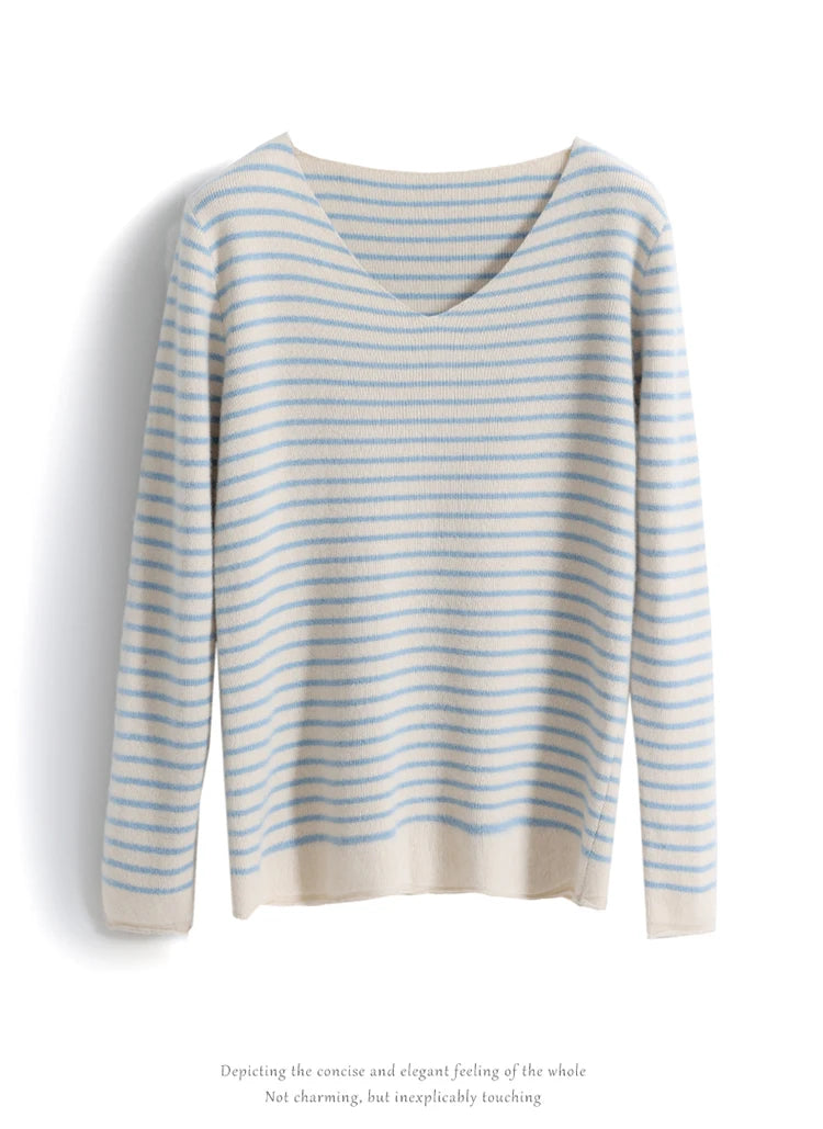 New Striped V-neck Sweater Women's All-Match Loose Sweater Fall Winter Fashion Bottoming Shirt Inner Wear Blouse