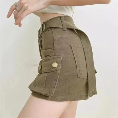 Women's Summer High Waisted Stretchy Denim Shorts Korean Cargo Style Slim Fit Ultra Short Hot Pants with Large Pockets for Dance