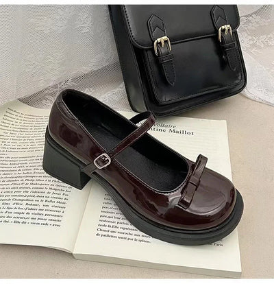 Round Toe Mid Heel Women Shoes 2024 Spring New Black Patent Leather Mary Jane Shoes Japanese Lolita Women's Pumps Zapatos Mujer