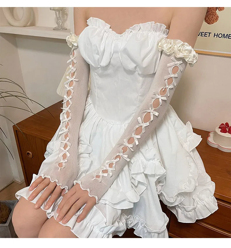Sexy White Hollow Satin Bow Lace Gloves Lolita Bride Thin Sun Protection Arm Sleeves Women Summer Fingerless Sunscreen Mittens