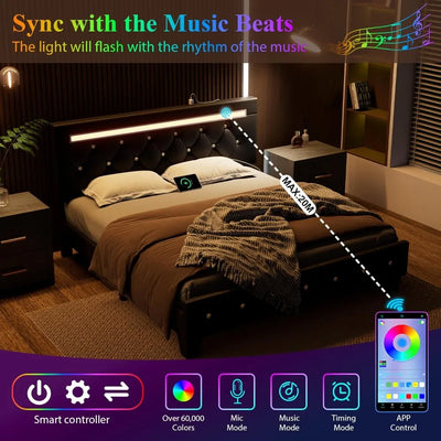 Queen Size Bed Frame with LED Light and Charging Station, Faux Leather Upholstered Platform Bed with Handcrafted Crystal Button