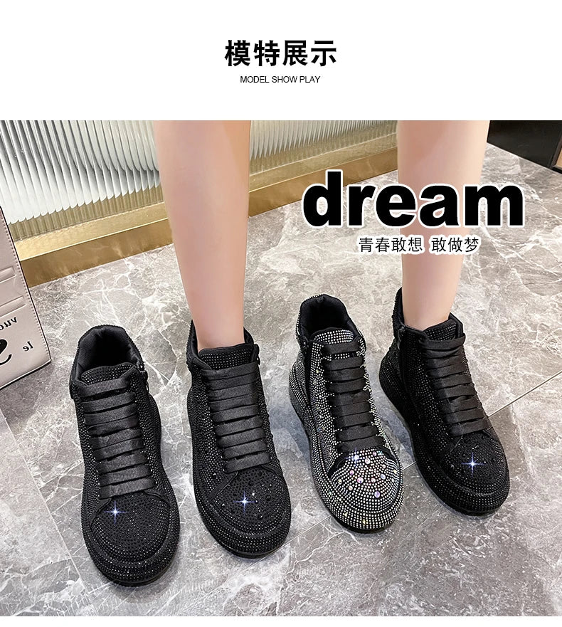 Fashion Sneakers Women Trend 2024 New Spring Autumn Platform Lace Up Rhinestone Women Casual Shoes Fashion Shiny Ladies Shoes