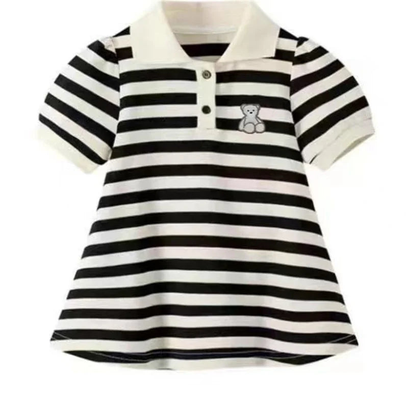 Girls Stripes Dresses Spring Autumn Kids Short Sleeve Polo Neck Sweatshirt Dress Teen Fashion T-Shirt Dress Clothes 2-10 Years