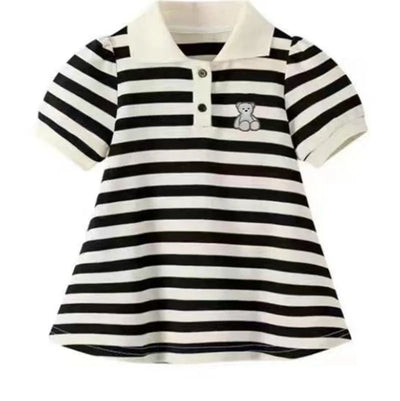 Girls Stripes Dresses Spring Autumn Kids Short Sleeve Polo Neck Sweatshirt Dress Teen Fashion T-Shirt Dress Clothes 2-10 Years
