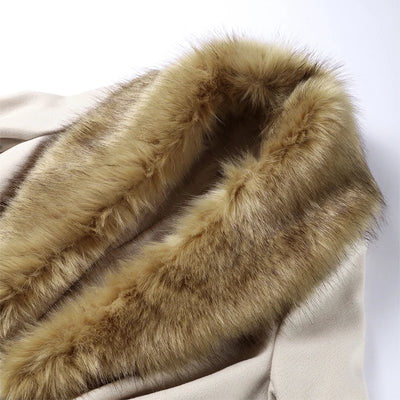 Elegant Fur Lapel Long Coat Women With Belt Woolen Full Sleeve Lace Up Loose Thicken Overcoat 2025 Spring Solid Pocket Outwear