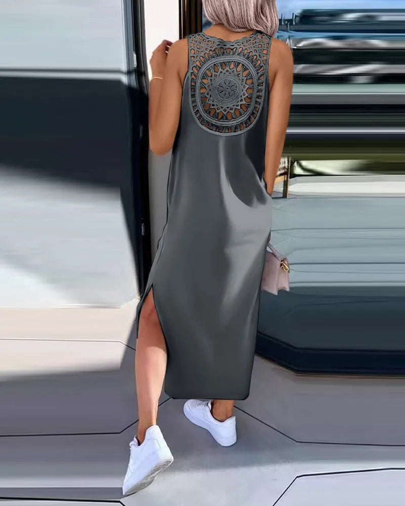Hollow Out Solid Long Dress Women Fashion Sleeveless O-neck Maxi Dresses For Women 2024 Summer Women's Slim Split Vestidos Black