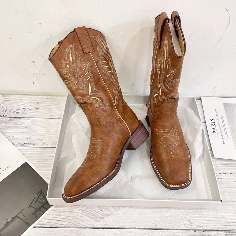 New Style Fashion Retro Brown Cowboy Boots for Women Comfortable Square Toe Embroidery Mic-calf Western Boots Shoes Big Size
