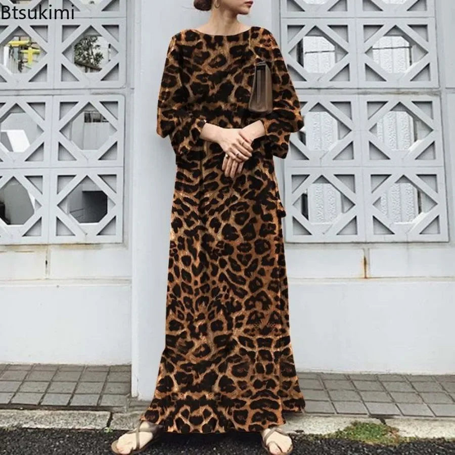 2025 Fashion Leopard Printing Maxi Dress Women's Spring Sundress Elegant Casual Long Sleeve Vintage Long Dresses Vestidos Female