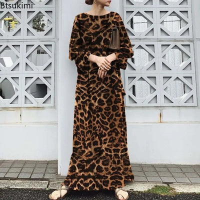 2025 Fashion Leopard Printing Maxi Dress Women's Spring Sundress Elegant Casual Long Sleeve Vintage Long Dresses Vestidos Female