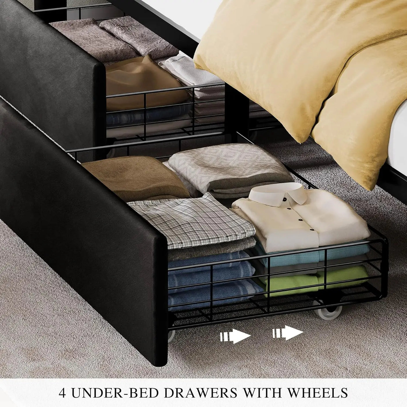 LED Lights with 4 Drawers , Queen/king Bed Frame Velvet Upholstered Platform Bed, No Box Spring Needed, Easy Assembly