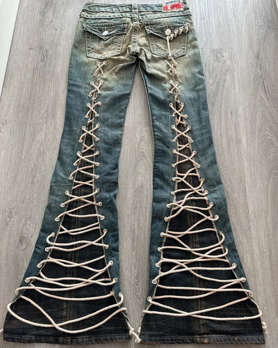 High Waisted Y2k Jeans Retro Blue Ripped Jeans for Women Line Sewn Gothic Punk Trumpet Jeans Casual Slim Streetwear Trousers