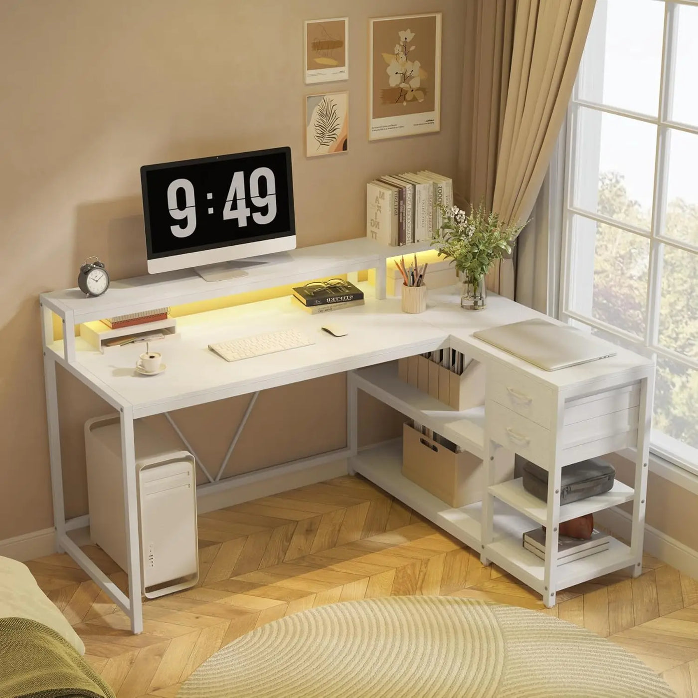 L Shaped Desk with Drawers and Storage Shelves, Home Office L Corner Desk with Monitor Stand, 55" x 24" Desktop Computer Desk