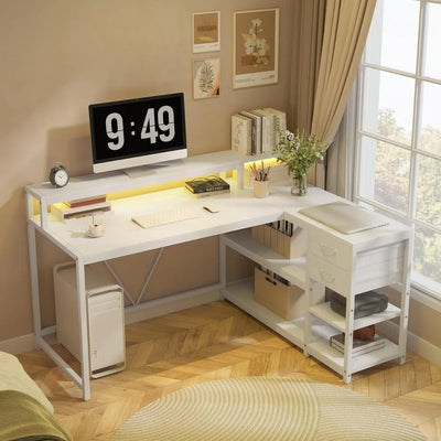 L Shaped Desk with Drawers and Storage Shelves, Home Office L Corner Desk with Monitor Stand, 55" x 24" Desktop Computer Desk