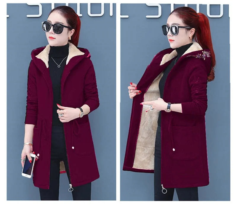 Plus Velvet Thicken Lamb Plush Coat Female 2024 New Autumn And Winter Parka Lace-Up Of Hooded Loose Long Trench Coat Embroid LA