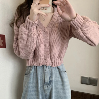 EVNISI Women Slim Sweater Cardigan V-Neck Button Up Casual Solid Knitting Sweater Coat Sweet For Women Cardigan Coat Autumn 2023
