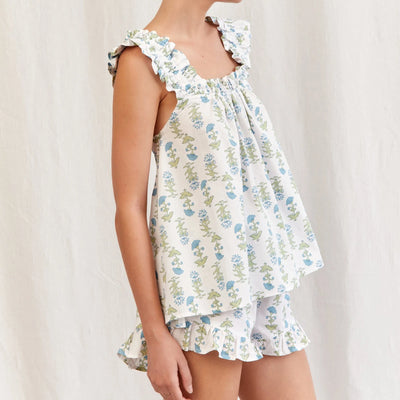 2-Piece Outfits Women Floral Print Summer Set Square Neck Flutter Sleeve Loose Tank Tops Ruffled Shorts