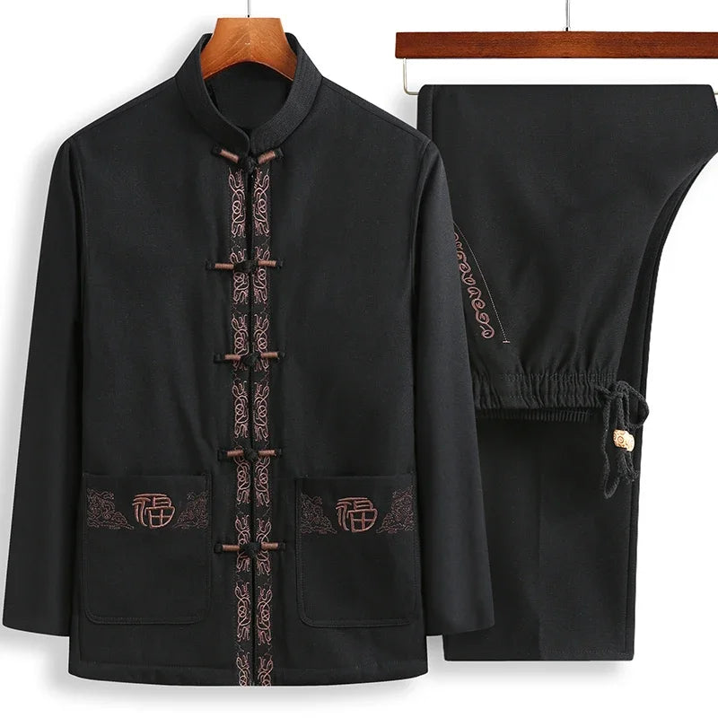 Tang Suit (top + Pants) Spring and Autumn Elderly People Door Flaperon Embroidery Father Men's Hanfu Chinese Style Suit