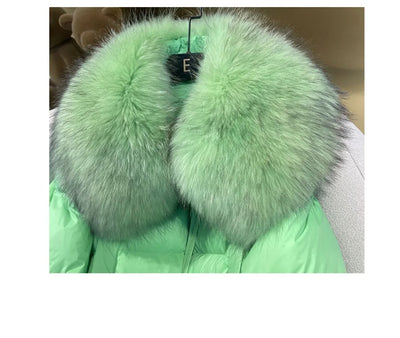Fashionable Women's Winter Down Jacket Cropped Fox Fur Collar High End 90% White Duck Feather Coat Thick Long Sleeves