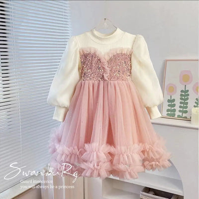 Young Girl Spring  Autumn 2025 New Style Pink Casual Dress Birthday Party Dresses for Girls Purple Fluffy Dress 2-10 Years Old
