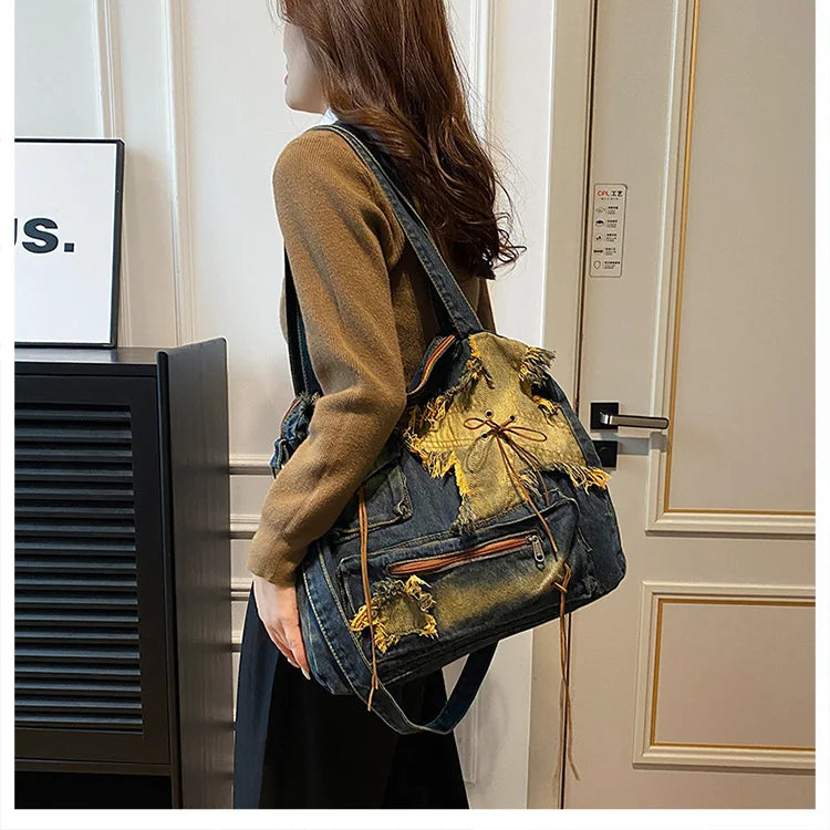 Denim Y2k Womens Shoulder Bag Vintage Washed Distressed Fashion female Messenger Bag Large Capacity ladies Handbag Sac totes