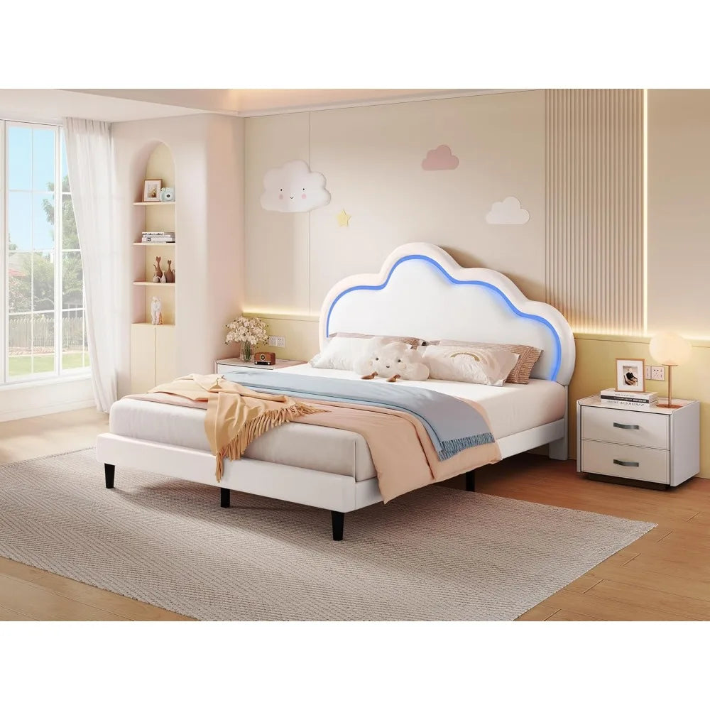 YITAHOME Full Size Bed Frame, LED Bed Frame with PU Faux Leather Adjustable Cloud Headboard, Platform Upholstered Bed with Woode