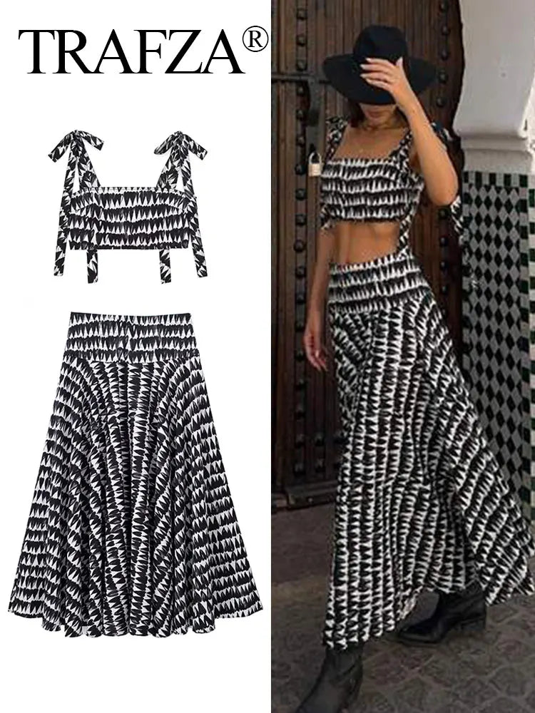 Women Fashion Print Skirts Suit Sexy Backless Sleeveless Slim Corset Crop Top Side Zipper Midi Skirt Y2K Streetwear Sets