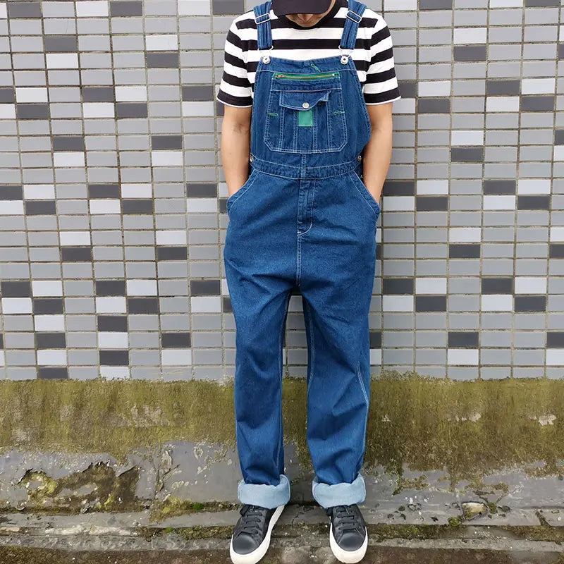 Men's Overalls Jumpsuit Large Size Strap Straight Blue Jeans With 7 Pockets