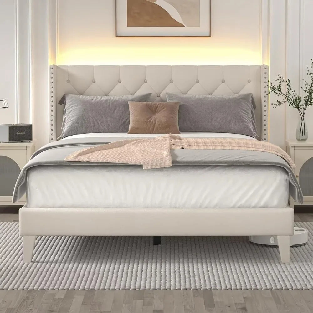 Queen Size Bed Frame with LED Lights, Upholstered Bed Frame with Wingback Diamond Tufted Headboard, Wood Slats Support